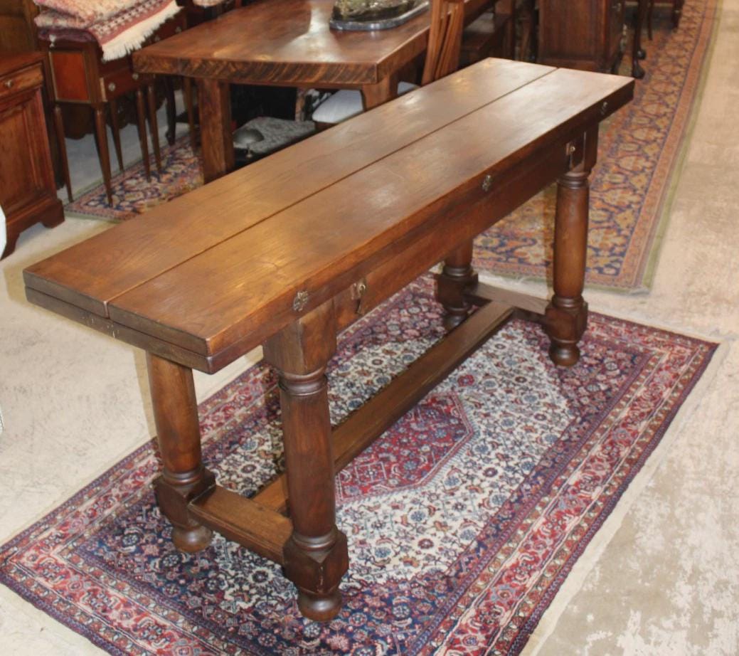 French Antique Oak Folding Trestle Table, Farmhouse Dining Table, Rustic Sofa Table