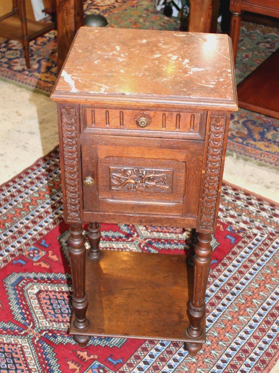 French Louis XVI Antique Oak Nightstand, Small Bedside Cabinet with Drawer