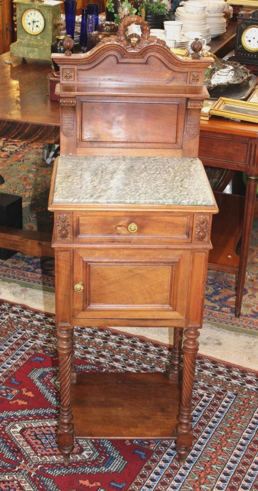 French Louis XVI Antique Walnut Nightstand, Marble Top Bedside Cabinet with Crown
