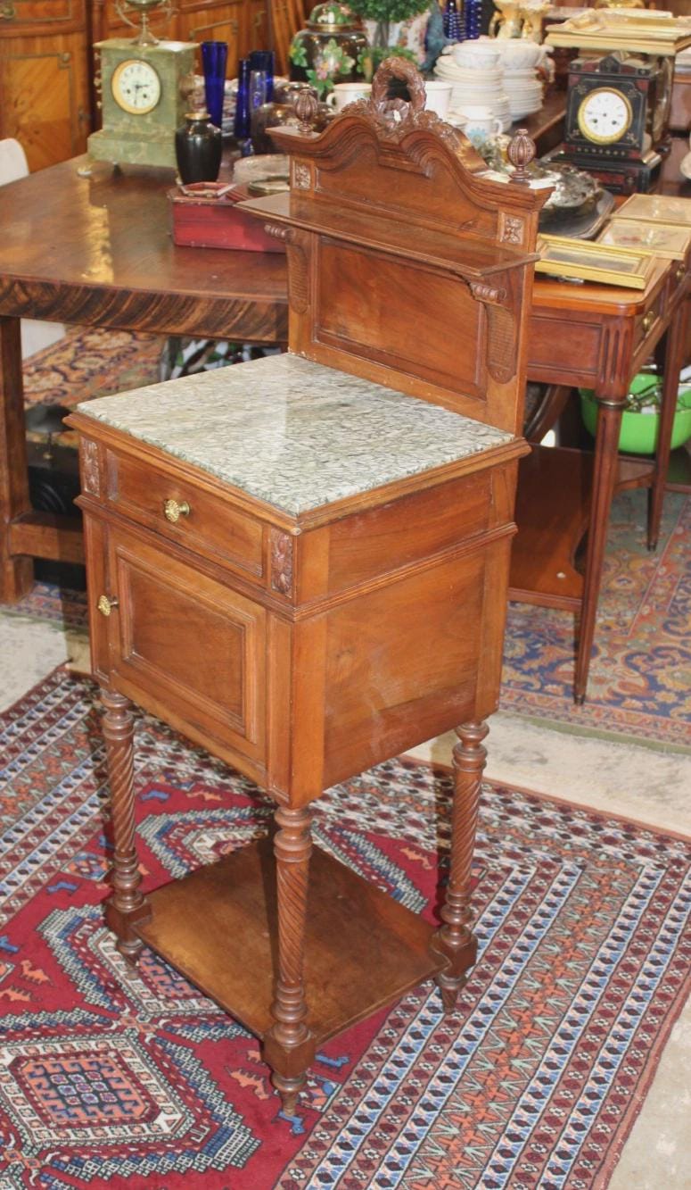 French Louis XVI Antique Walnut Nightstand, Marble Top Bedside Cabinet with Crown