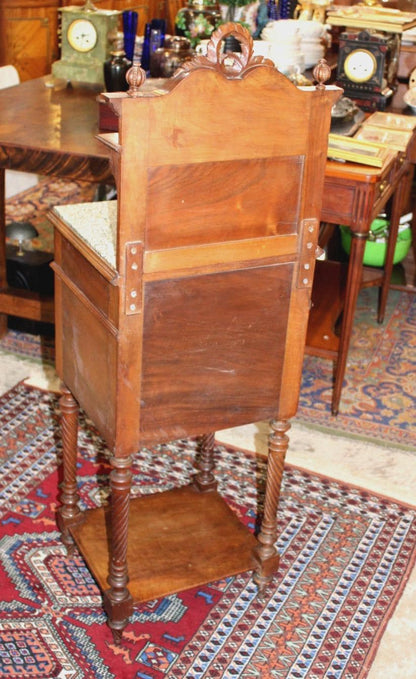 French Louis XVI Antique Walnut Nightstand, Marble Top Bedside Cabinet with Crown