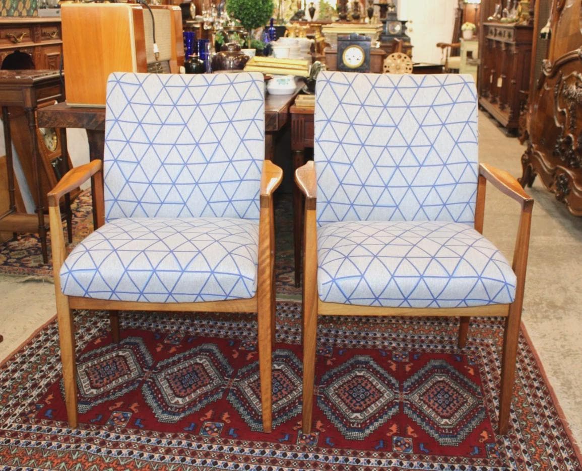 Set of 2 Mid Century Modern Teak Arm Chairs, Upholstered Danish Style Chairs