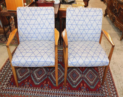 Set of 2 Mid Century Modern Teak Arm Chairs, Upholstered Danish Style Chairs