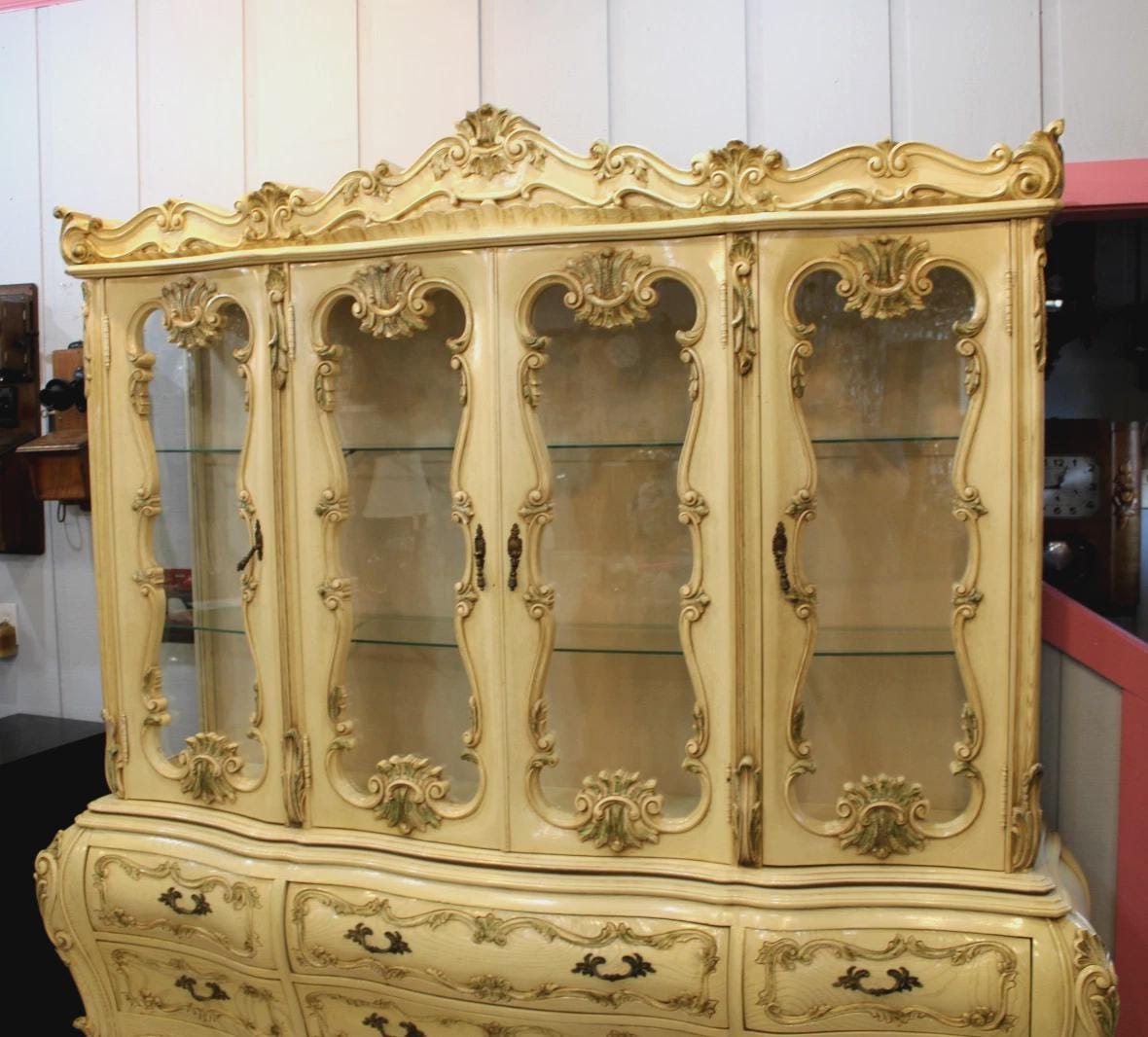 Italian Antique Painted Bombay China Cabinet, Ornate Buffet Display Hutch