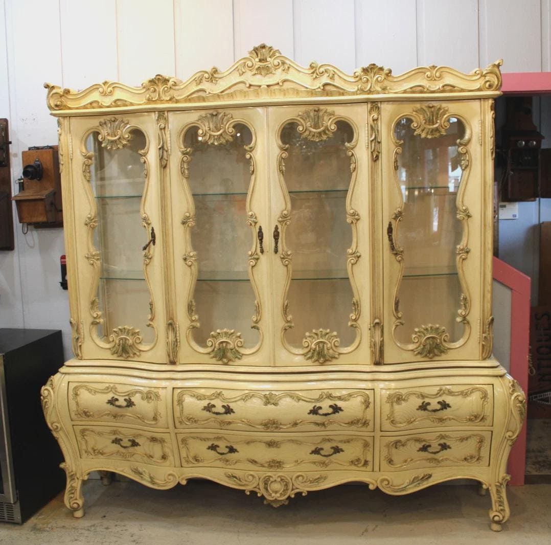 Italian Antique Painted Bombay China Cabinet, Ornate Buffet Display Hutch