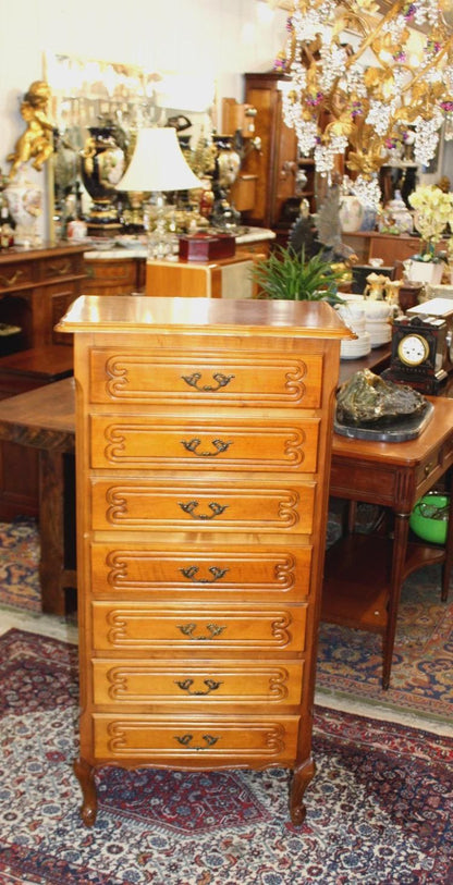 French Antique Louis XV Maple Tall Chest, 7 Drawer Lingerie Chest