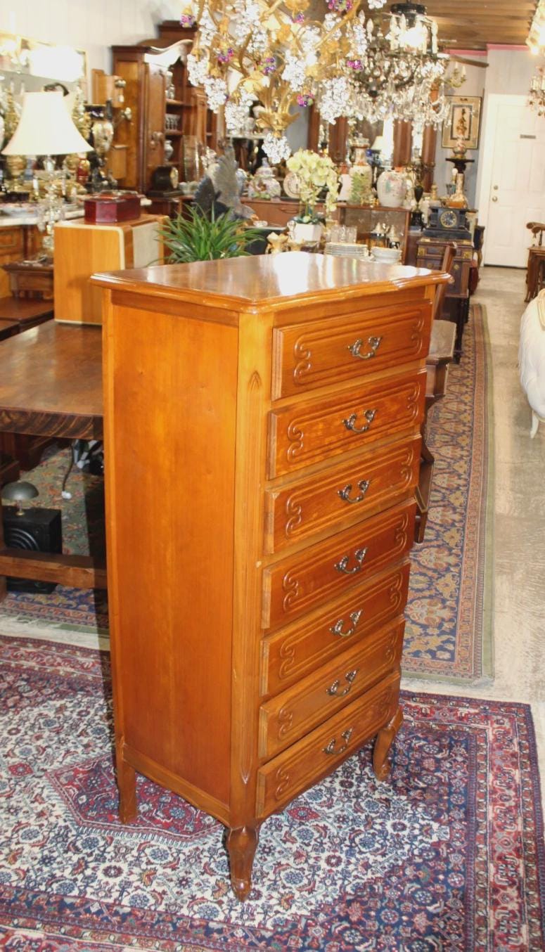 French Antique Louis XV Maple Tall Chest, 7 Drawer Lingerie Chest