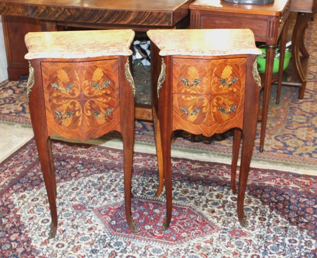 Pair French Antique Inlaid Rosewood Nightstands, Marble Top, Bronze Mounts