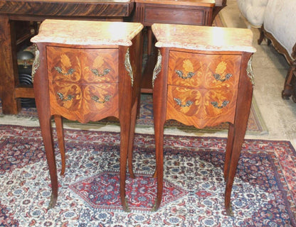 Pair French Antique Inlaid Rosewood Nightstands, Marble Top, Bronze Mounts