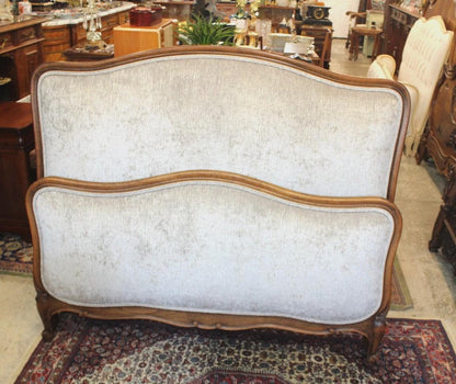 Antique French Louis XV Oak Full Size Bed, Newly Upholstered