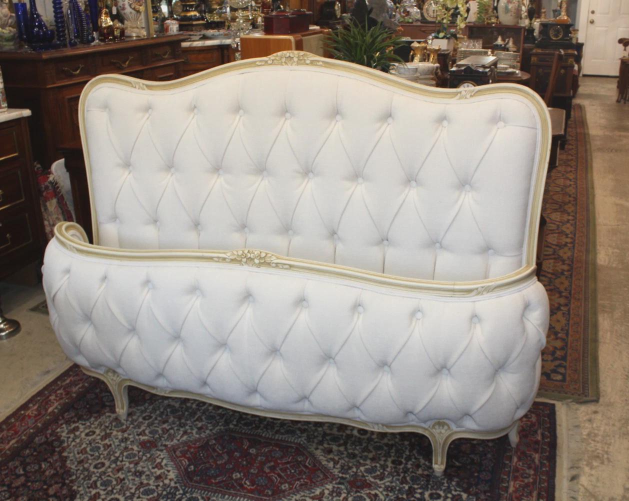 Antique French Louis XV Full Size Bed, White Tufted Upholstery