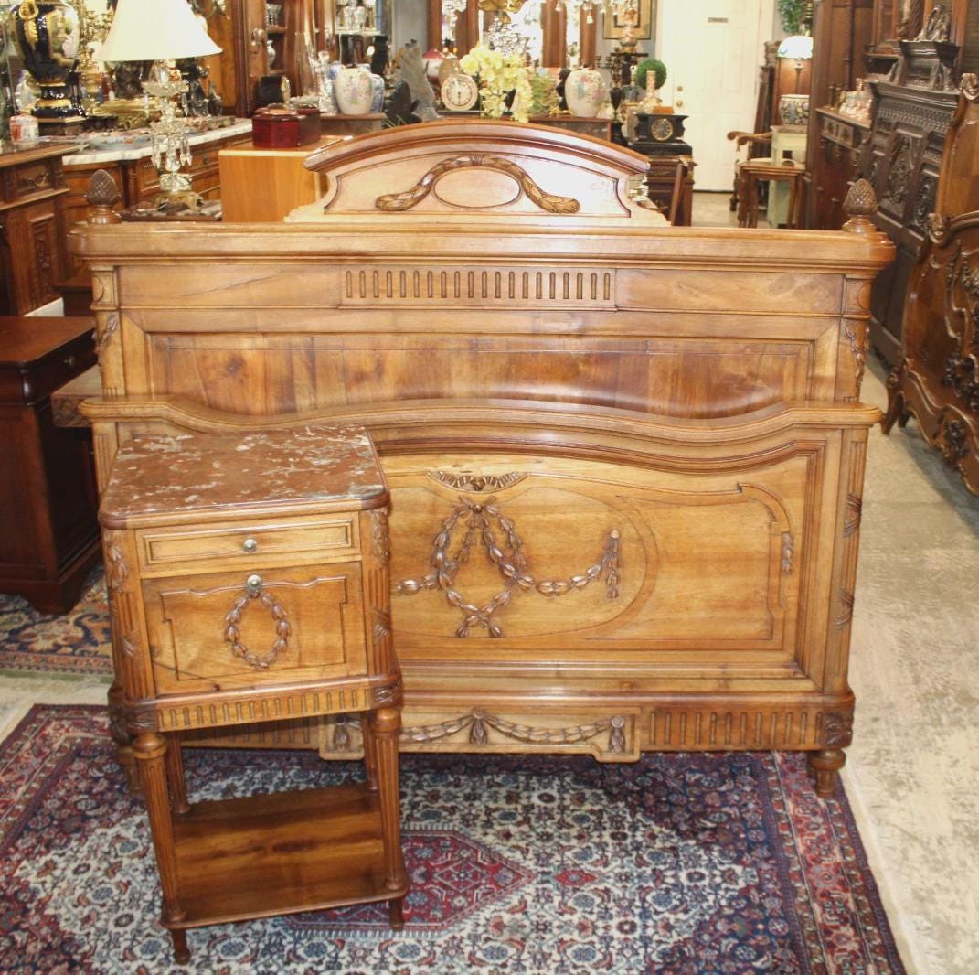 French Antique Louis XVI Walnut Full Size Bed & Nightstand | Bedroom Set