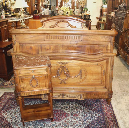 French Antique Louis XVI Walnut Full Size Bed & Nightstand | Bedroom Set