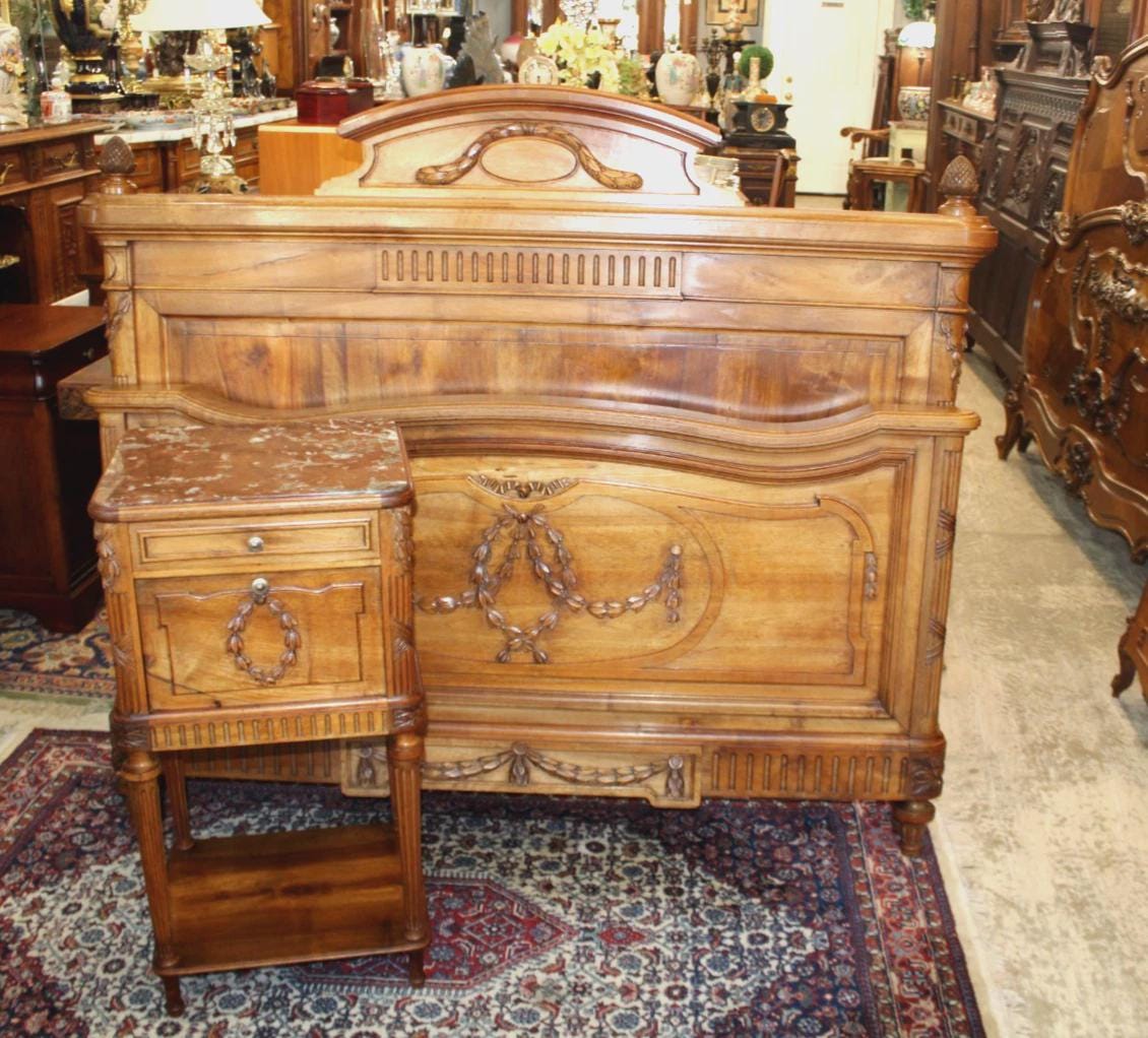 French Antique Louis XVI Walnut Full Size Bed & Nightstand | Bedroom Set