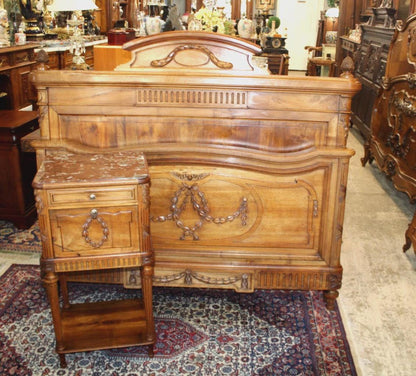 French Antique Louis XVI Walnut Full Size Bed & Nightstand | Bedroom Set