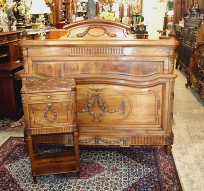 French Antique Louis XVI Walnut Full Size Bed & Nightstand | Bedroom Set