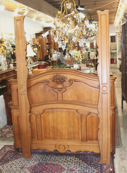 French Antique Louis XV Queen Bed, Hand Carved Oak Headboard & Footboard, Vintage French Provincial Bedroom Furniture