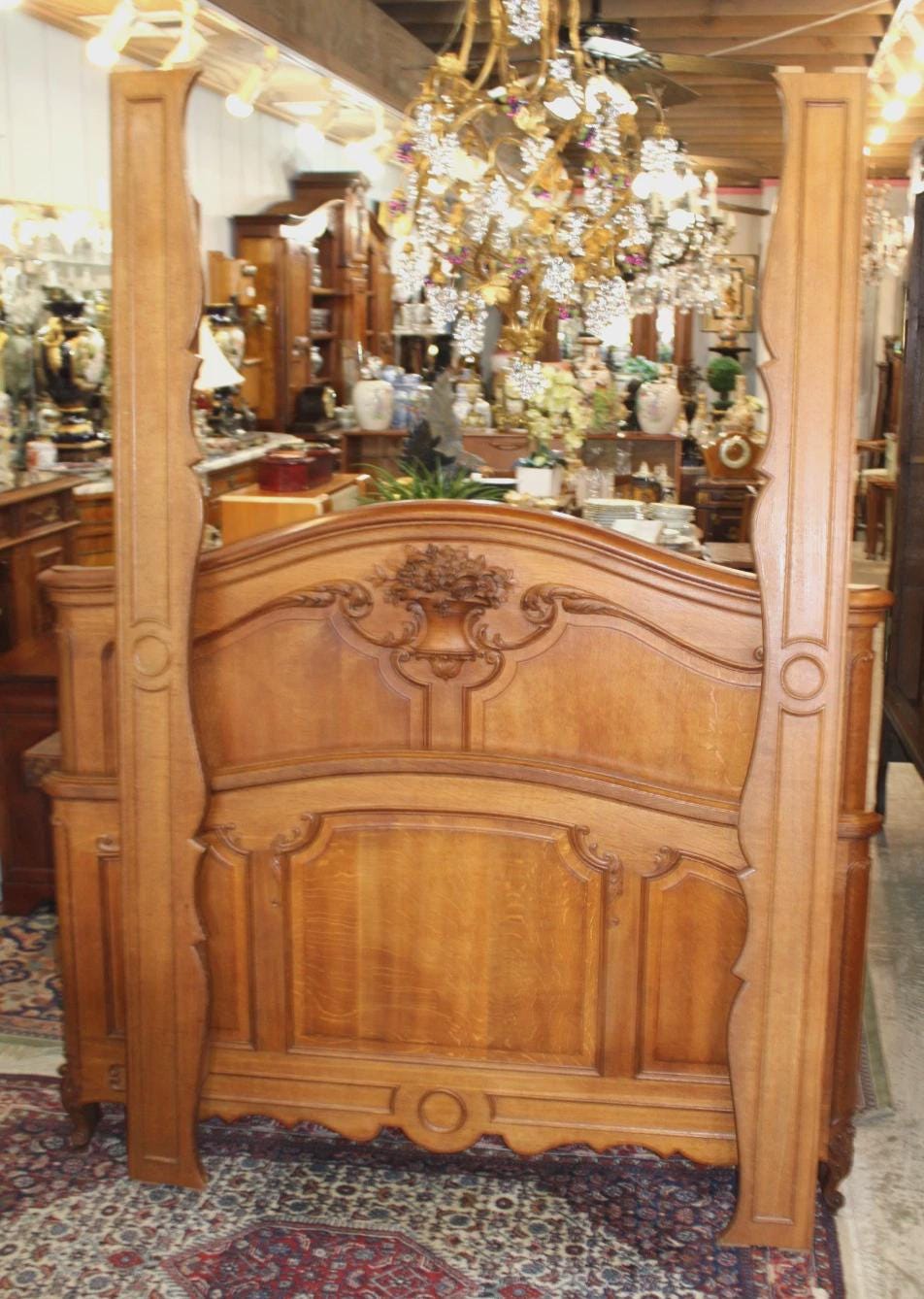 French Antique Louis XV Queen Bed, Hand Carved Oak Headboard & Footboard, Vintage French Provincial Bedroom Furniture