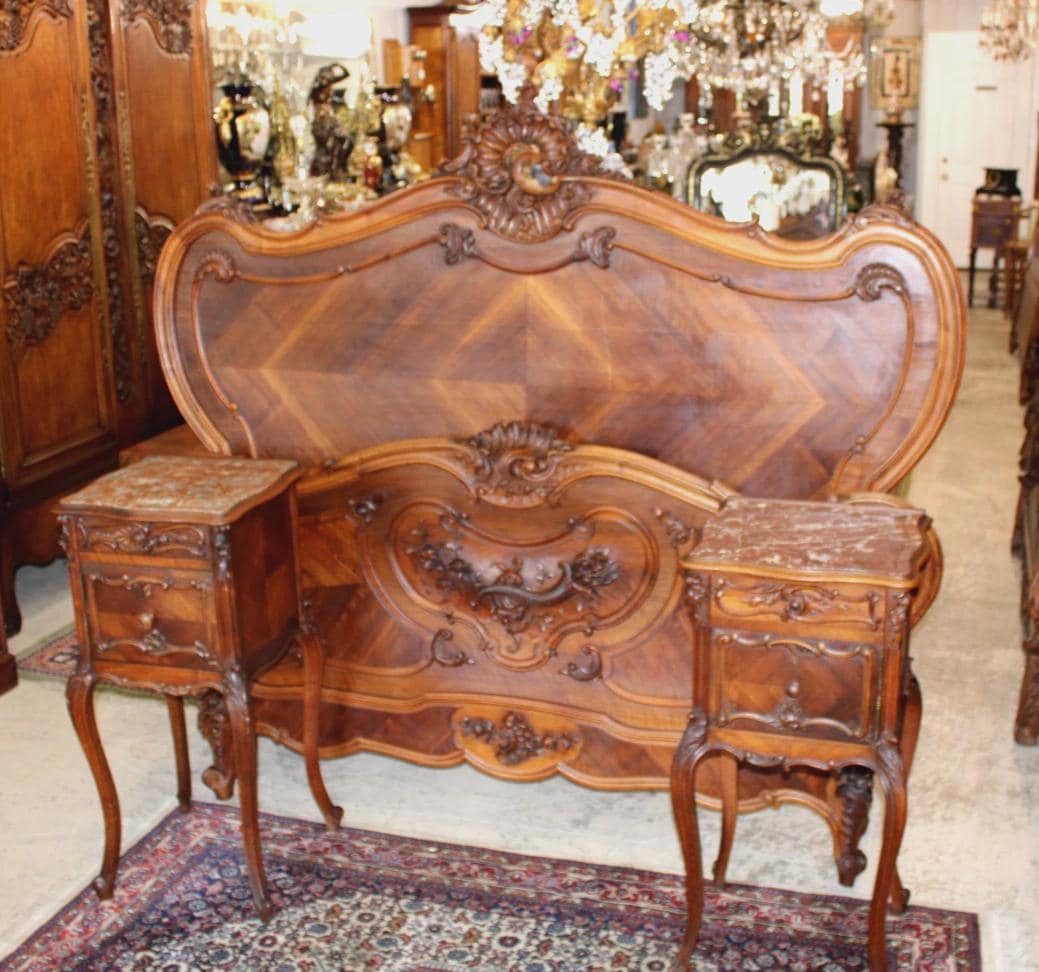 French Antique Louis XVI Queen Bed & Marble Top Nightstand, Carved Walnut Bedroom Set