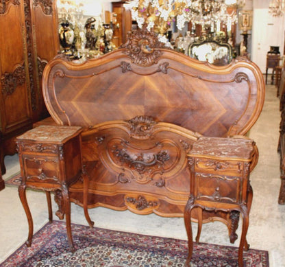 French Antique Louis XVI Queen Bed & Marble Top Nightstand, Carved Walnut Bedroom Set