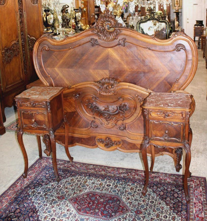 French Antique Louis XVI Queen Bed & Marble Top Nightstand, Carved Walnut Bedroom Set