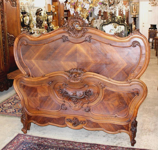 French Antique Louis XV Queen Bed, Hand Carved Walnut Bed Frame, French Provincial