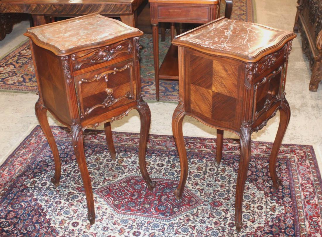 French Antique Louis XV Nightstands – Pair of Carved Walnut Bedside Tables with Marble Tops