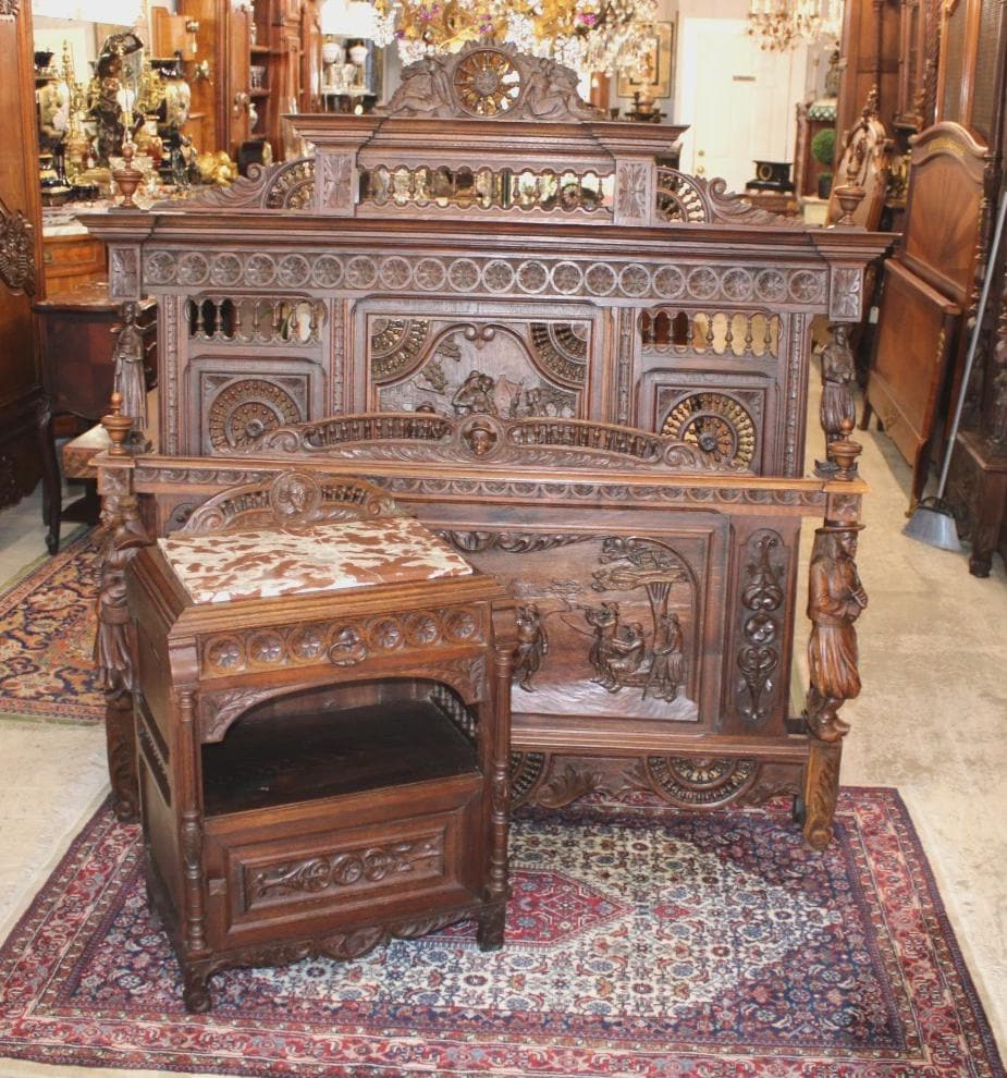 Exquisite French Antique Brittany Queen Bed with Matching Nightstand, Hand Carved Walnut Bedroom Set