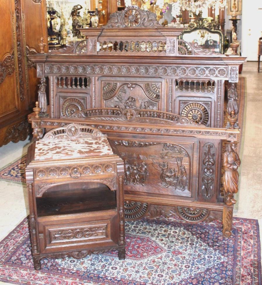 Exquisite French Antique Brittany Queen Bed with Matching Nightstand, Hand Carved Walnut Bedroom Set