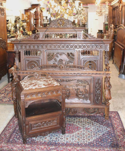 Exquisite French Antique Brittany Queen Bed with Matching Nightstand, Hand Carved Walnut Bedroom Set