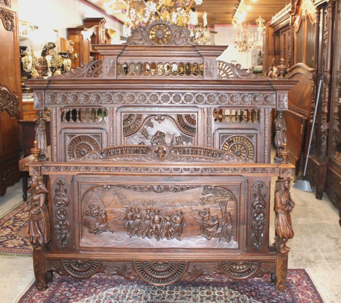 Exquisite French Antique Brittany Queen Size Bed, Hand Carved Walnut Statement Bed Frame