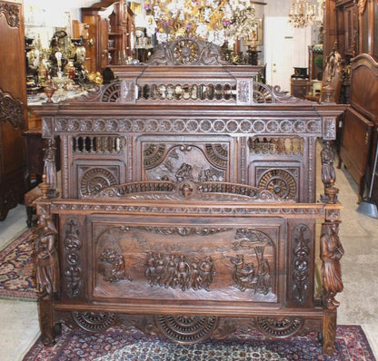 Exquisite French Antique Brittany Queen Size Bed, Hand Carved Walnut Statement Bed Frame