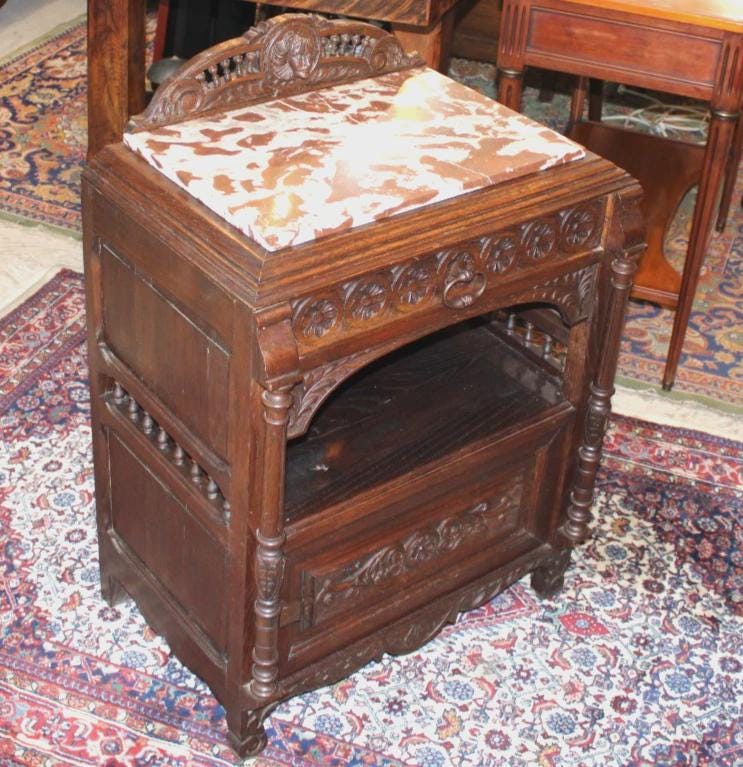 Exquisite French Antique Brittany Nightstand, Hand Carved Walnut Bedside Table with Marble Top