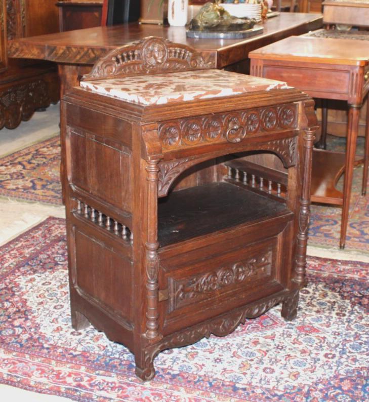 Exquisite French Antique Brittany Nightstand, Hand Carved Walnut Bedside Table with Marble Top
