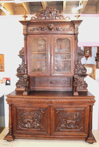French Louis XIII Hunt Scene Oak Buffet Hutch, Antique Carved Sideboard Cabinet
