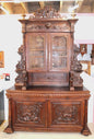 French Louis XIII Hunt Scene Oak Buffet Hutch, Antique Carved Sideboard Cabinet