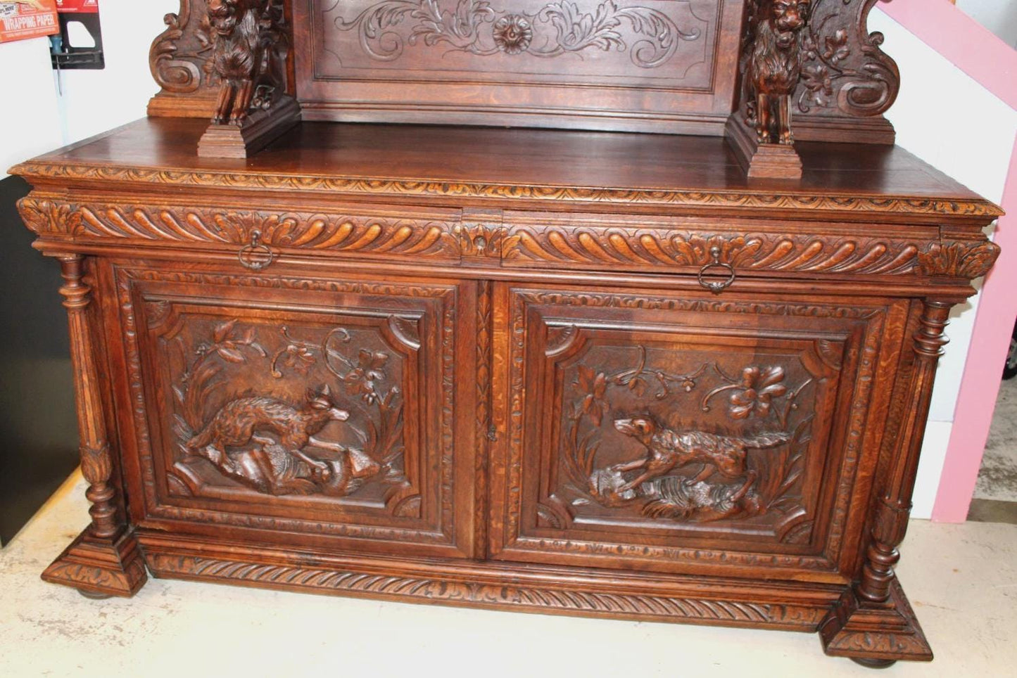 French Louis XIII Hunt Scene Oak Buffet Hutch, Antique Carved Sideboard Cabinet
