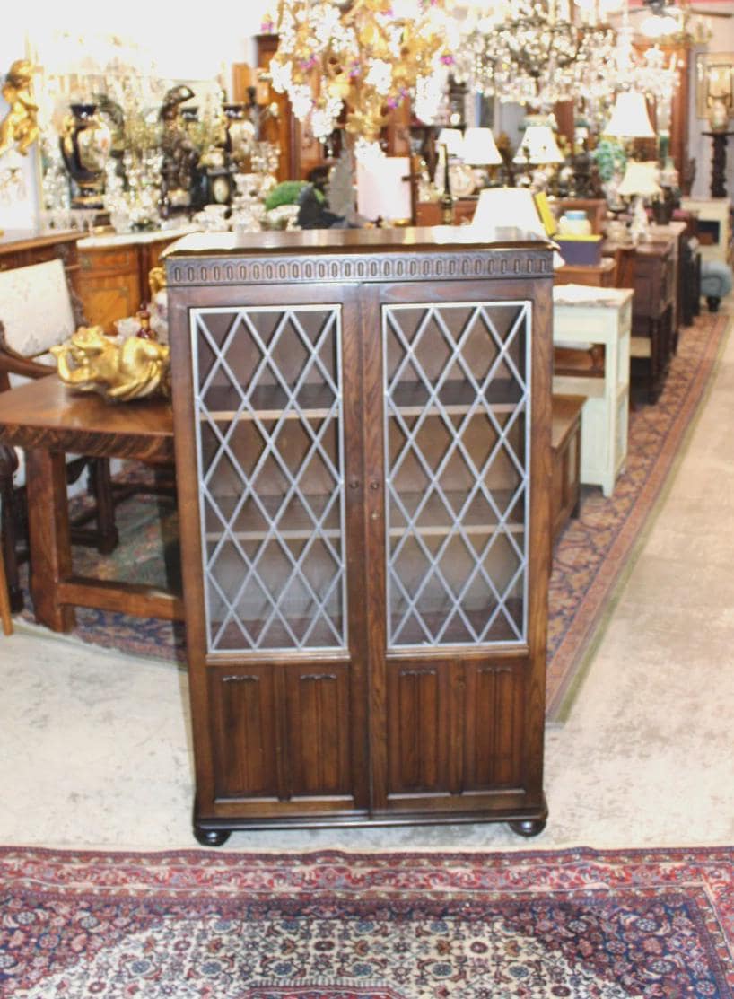 English Oak Leaded Glass Bookcase – Vintage Tudor Style Display Cabinet with Diamond Pane Doors