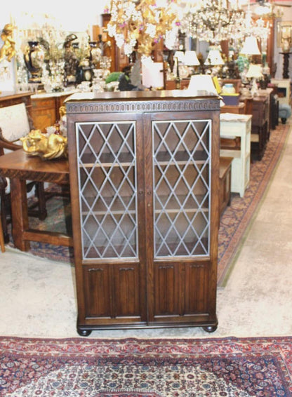 English Oak Leaded Glass Bookcase – Vintage Tudor Style Display Cabinet with Diamond Pane Doors