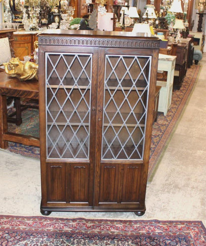 English Oak Leaded Glass Bookcase – Vintage Tudor Style Display Cabinet with Diamond Pane Doors