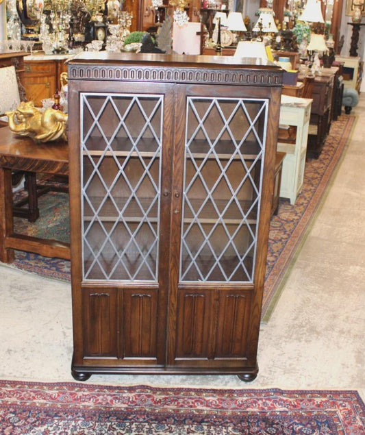 English Oak Leaded Glass Bookcase – Vintage Tudor Style Display Cabinet with Diamond Pane Doors
