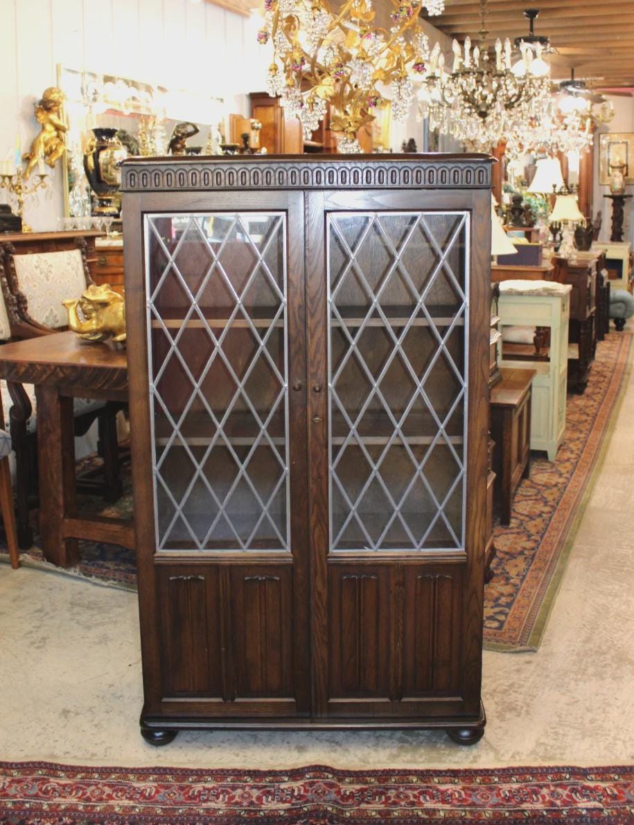English Oak Leaded Glass Bookcase – Vintage Tudor Style Display Cabinet with Diamond Pane Doors