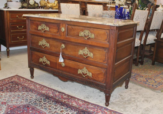Antique French Louis XVI Mahogany Chest, 4 Drawer Marble Top Dresser, Neoclassical Commode, Sideboard Cabinet