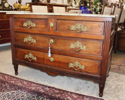 Antique French Louis XVI Mahogany Chest, 4 Drawer Marble Top Dresser, Neoclassical Commode, Sideboard Cabinet