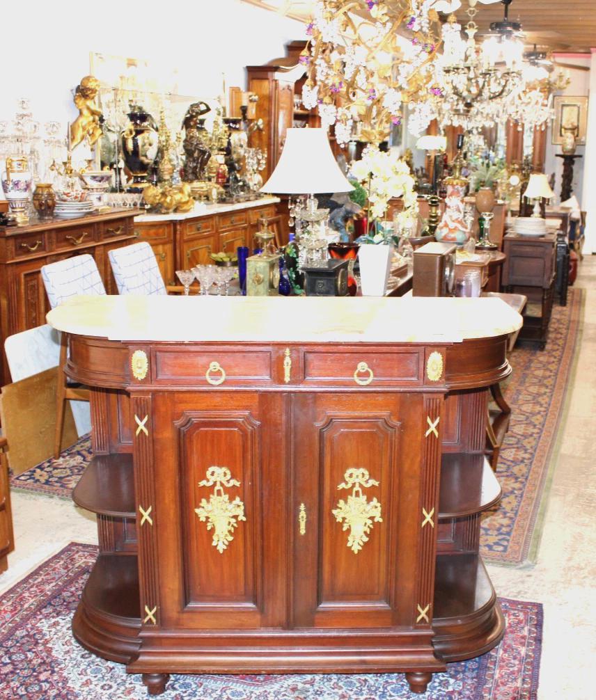 French Antique Marble Top Louis XVI Mahogany Sideboard / Server / Bar Cabinet
