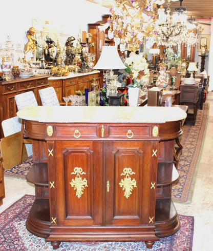 French Antique Marble Top Louis XVI Mahogany Sideboard / Server / Bar Cabinet
