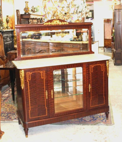 Antique French Louis XVI Marble Top Sideboard c1880, Mahogany Buffet Server, Glass Display Cabinet, Neoclassical