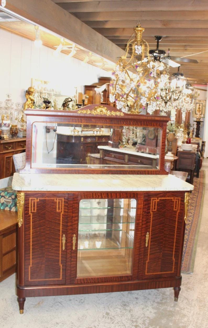 Antique French Louis XVI Marble Top Sideboard c1880, Mahogany Buffet Server, Glass Display Cabinet, Neoclassical