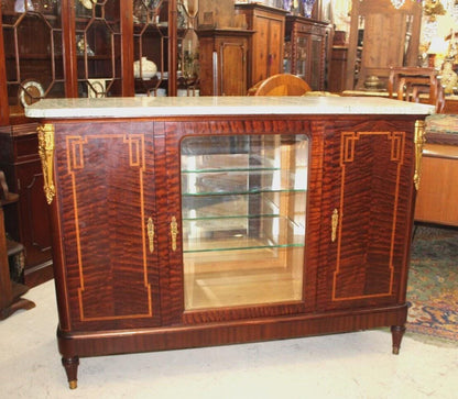 Antique French Louis XVI Marble Top Sideboard c1880, Mahogany Buffet Server, Glass Display Cabinet, Neoclassical