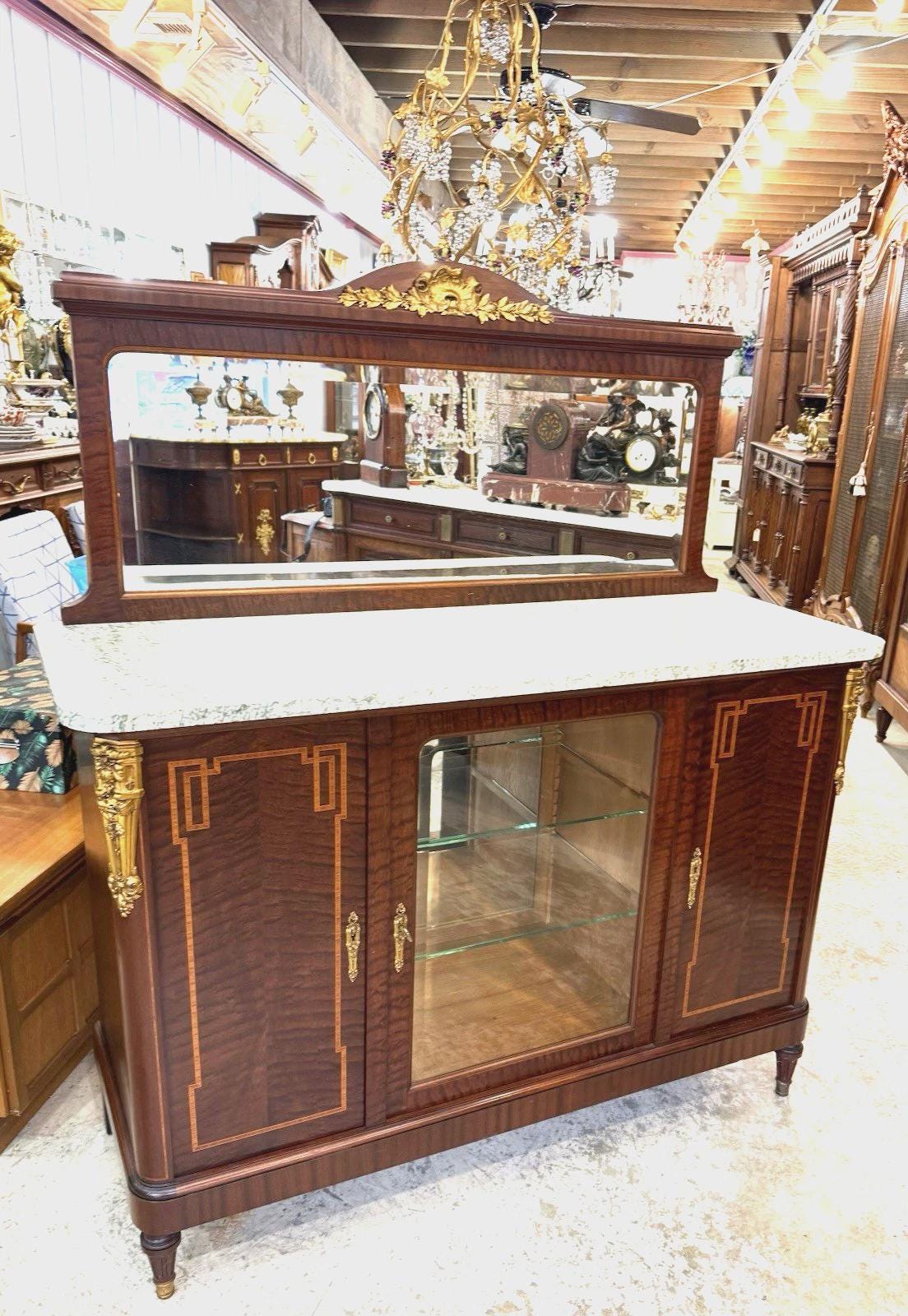 Antique French Louis XVI Marble Top Sideboard c1880, Mahogany Buffet Server, Glass Display Cabinet, Neoclassical